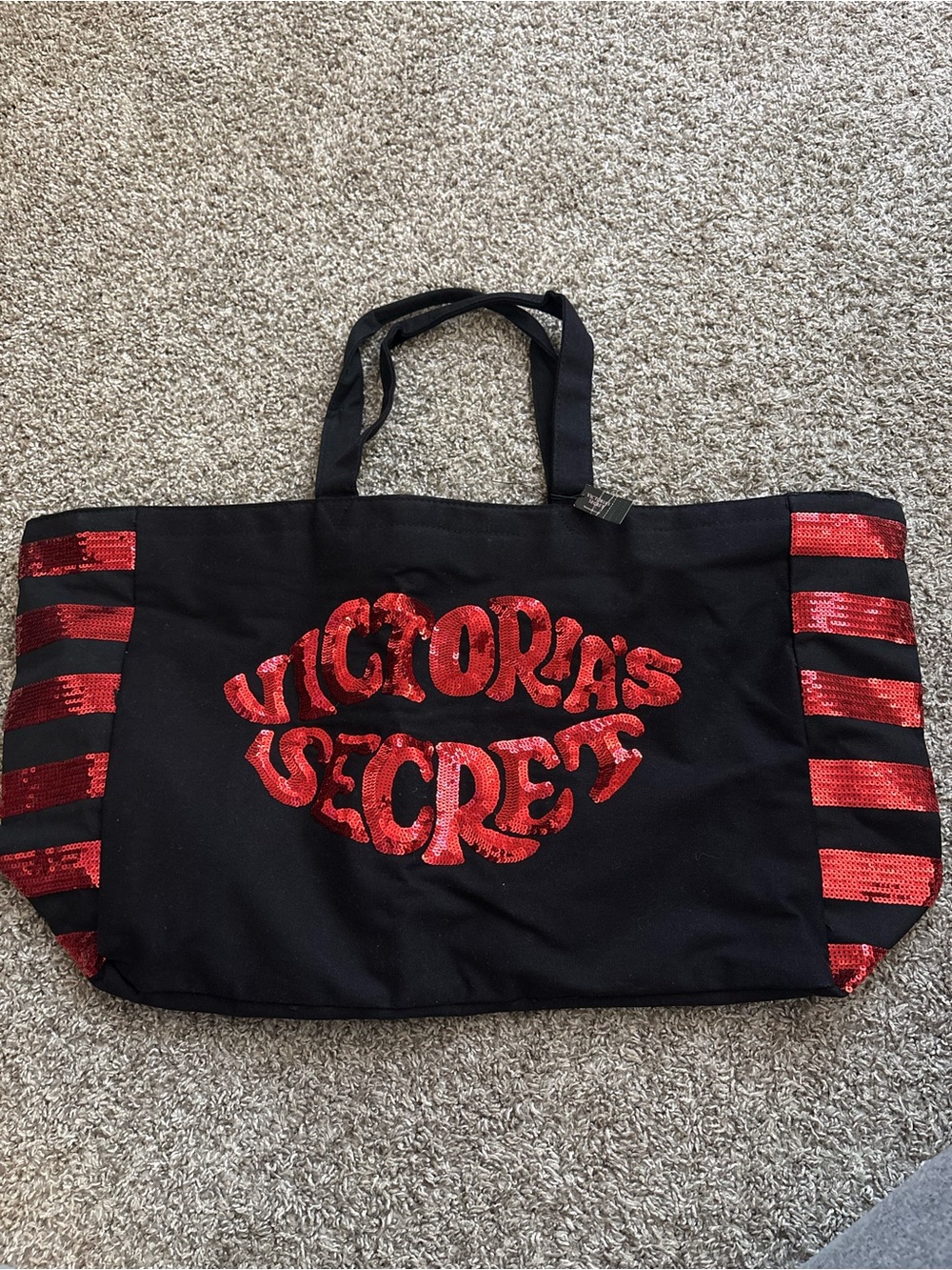 Victoria's Secret Black Tote with Red Sequin Logo and Stripes